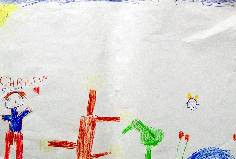 Kinderzeichnung zur Geschichte vom grünen Einfant, Blatt 7