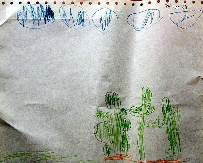 Kinderzeichnung zur Geschichte vom grünen Einfant, Blatt 15