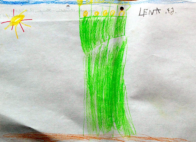 Kinderzeichnung zur Geschichte vom grünen Einfant, Blatt 38